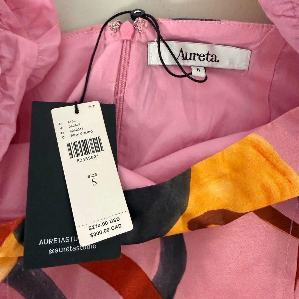 Aureta Studio Pink Abstract Puff Sleeve Cutout Midi Dress NWT Size S Anthro - Picture 7 of 12